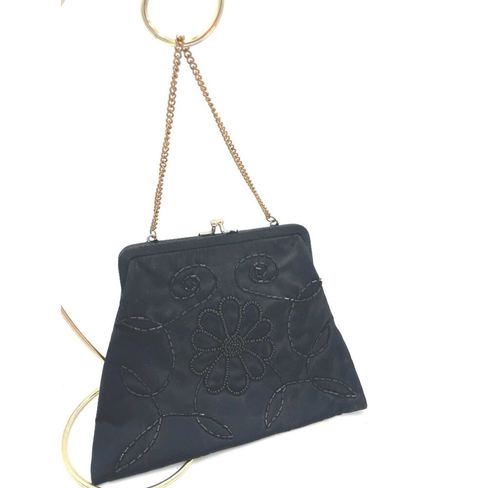 Vintage Embroidered Black Satin Evening Bag With Gold Chain & Clasp Closure